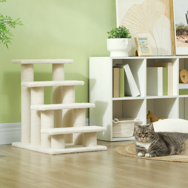 PawHut Pet сходи для собак і кішок 4-ступінчасті плюшеві бежеві 63,5x43x60см ідеально підходять для літніх тварин