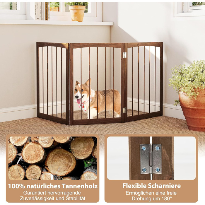 Захисний бар'єр для собак COSTWAY 3 секції, дерев'яний, 76 см, розкладний, для кухні, коридору, сходи, з сосни (коричневий)