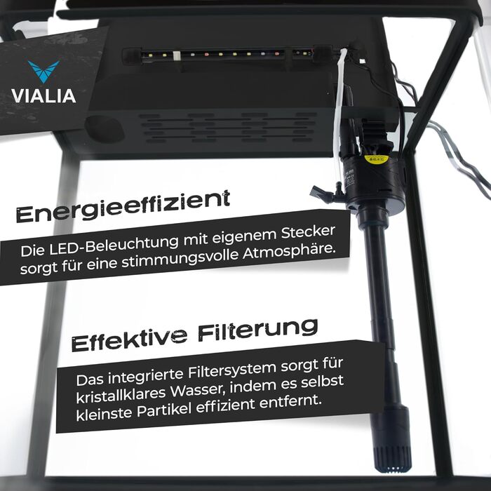 Акваріум VIALIA 30 л з LED-підсвіткою, фільтром і помпою, білий, скляний для риб і водних рослин, 38x24x43 см