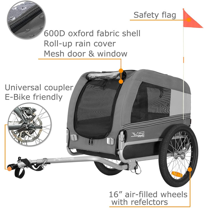 Tiggo VS Pets M: Причеп для собак, велосипедний, сірий