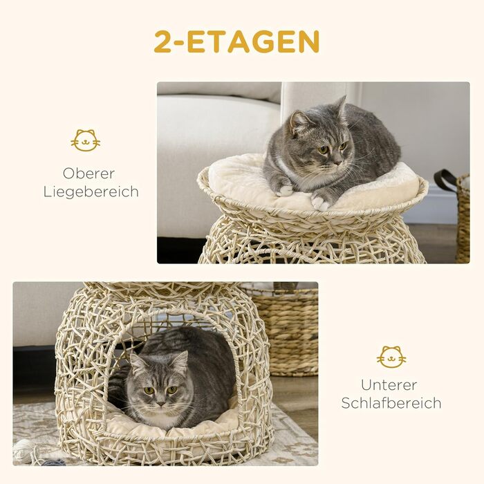 Будиночок для котів PawHut із ротангу, двоповерхова котяча хатка з подушкою, 42x42x40 см, бежевий, для спальні, вітальні та коридору