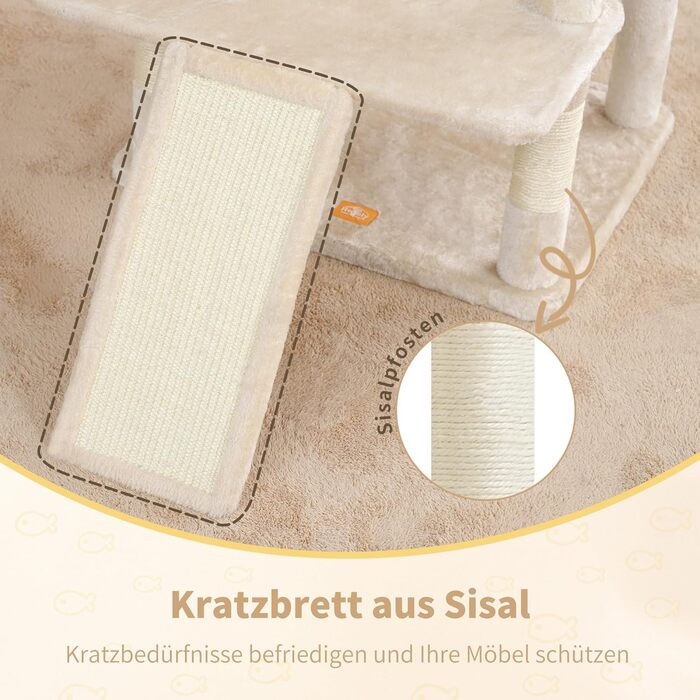 Драбина-кіготь Heybly HCT038W (Бежева) 202 см з 2 великими лежаками, когтеточкою, гротом, кошиком, сизалевим стовпом та гамаком. Підходить для дорослих котів