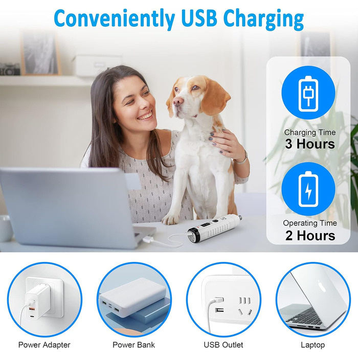 Електричний точило для собачих кігтів Casfuy з 2 LED-лампами - 4.8V, 2 швидкості, для середніх собак, тихе, перезаряджуване