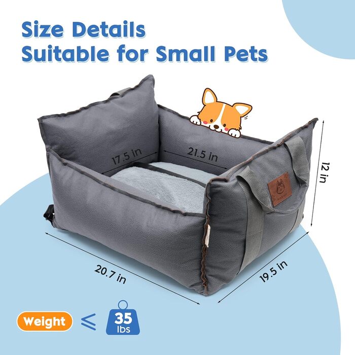 Автокрісло для собак 2-в-1 з ременем безпеки, автокрісло та ліжко для собак, знімний килимок та чохол, миється, для собак маленьких та середніх порід, сірий & блакитний