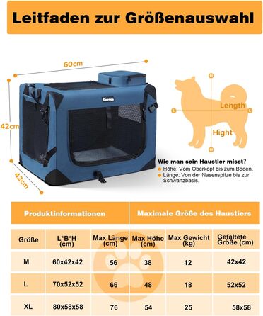 Складана транспортна коробка для собак і котів Reerooh M 60x42x42 см, переноска для подорожей, автомобільна, з мискою, темно-синя
