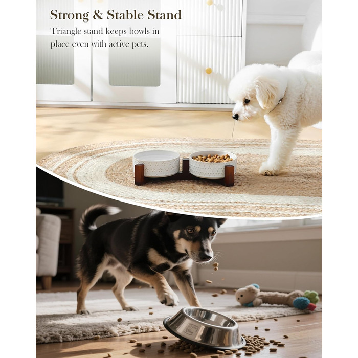 Миска для собак Malacasa з підставкою з горіхового дерева, 450 мл, подвійна миска для собак та котів, для корму та води, неслизька підставка, візерунок у вигляді п'ятипелюсткового клеверу та соти, 450 мл * 2