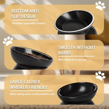 Підвищений годівниця для котів, кераміка, піднятий та нахилений годівниця, проти блювоти, без стресу, для котів та маленьких собак, 150 мл, чорний, 1 шт.