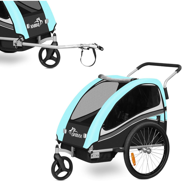 SAMAX Fahrradanhänger Jogger 2in1: Дитячий велопричіп-коляска 2в1, 360° обертання, для 2 дітей - Black Edition Turquoise