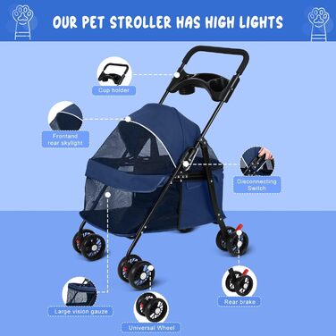 Дитяча коляска для домашніх тварин на 4 колесах для собак та котів, складана, з тримачем для напоїв, дихаючим сітковим вікном, портативна переноска для тварин (Блакитна)