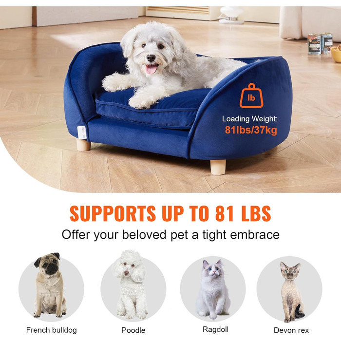 Крісло-лежанка для домашніх тварин VEVOR, лежанка для собак та котів середнього розміру, м'яка велюрова лежанка для собак, крісло для котів, що витримує до 37 кг, лежанка для домашніх тварин, темно-синій колір, розмір L (71 x 51 x 11 см)