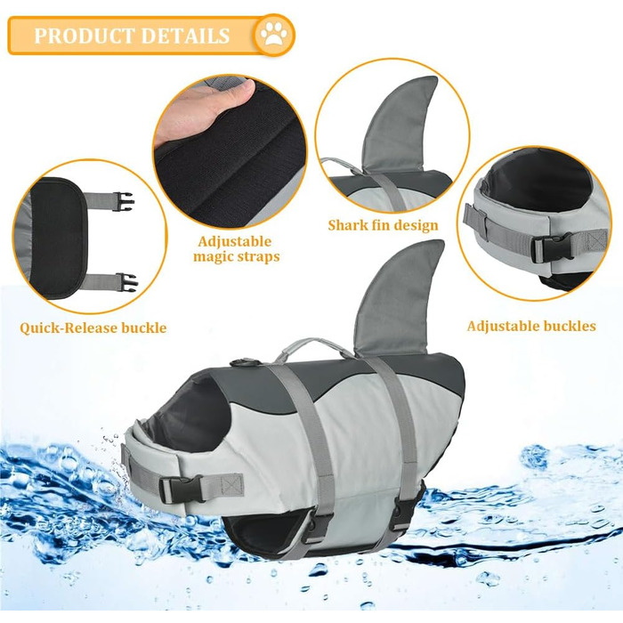 Жилет для плавання собак Doglay, сірий з плавником-акулою, X-Large