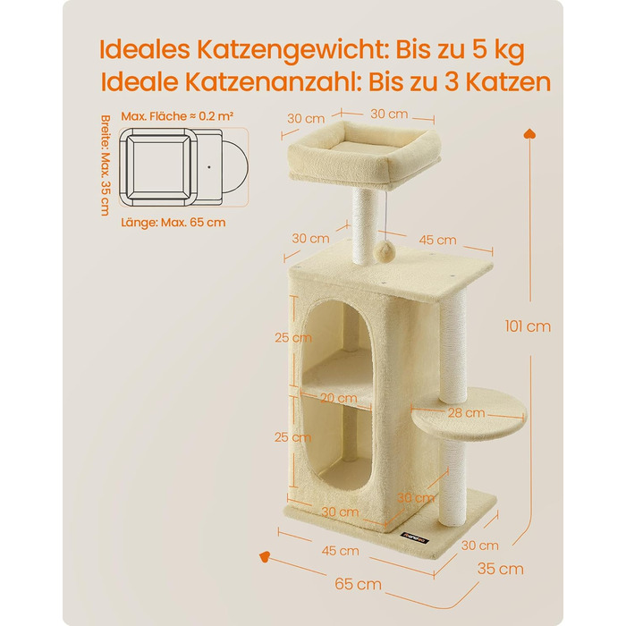 Дряпка для котів Feandrea, кігтеточка з 2 будиночками, кігтеточки, для багатокотових сімей, кошенят, PCT005G01 (пісочно-бежевий)