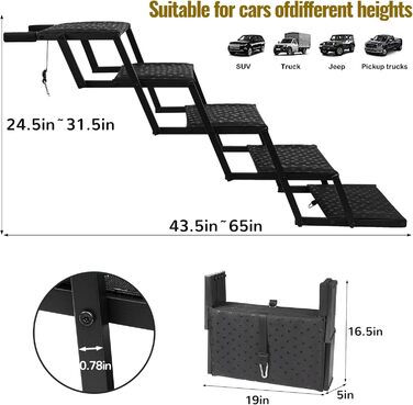 Сходинка для собак у машину - широка, складна, з антиковзким покриттям, для великих собак, підходить для авто, SUV, вантажівок, витримує до 113 кг (ширина 5 сходинок)