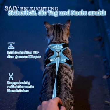 Шлейка для котів rabbitgoo з повідцем, анти-втеча, м'яка, зручна, світловідбиваюча, чорна (S, блакитна)
