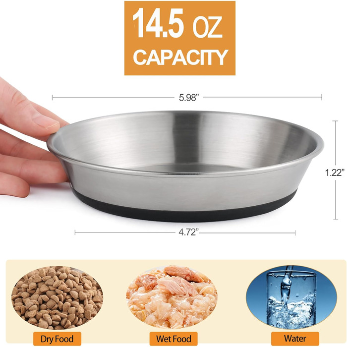 Миски для котів з нержавіючої сталі, зручні для вусів, плоскі, для корму та води, з неслизькою силіконовою основою, міцні, запасні металеві пластини для підставки, 3 шт.