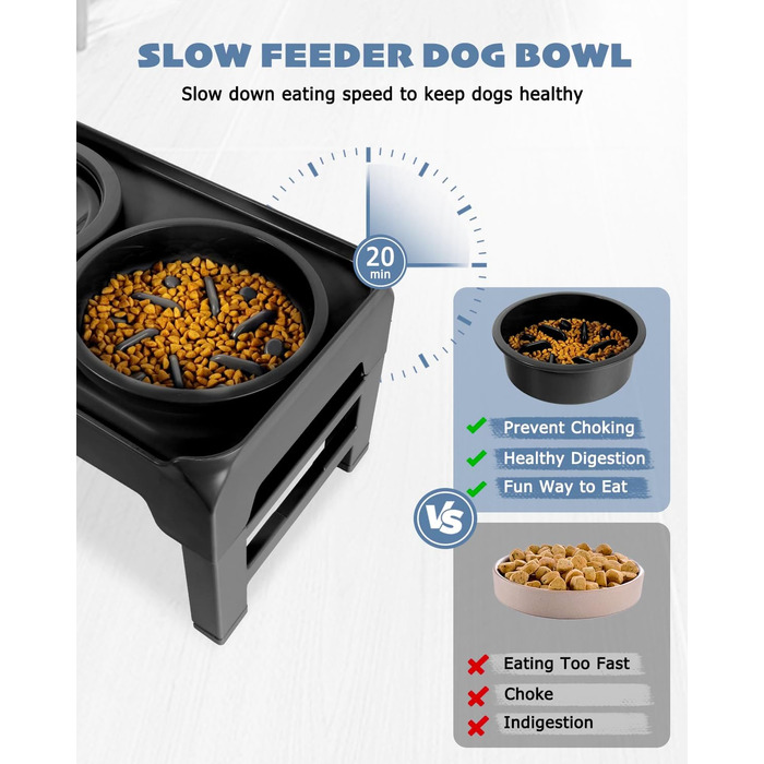 Підвищений годівниця для собак, регульована висота, повільний годівник та миска для води без обливання, набір, миска для корму для собак, миска для води для великих, середніх та маленьких собак, котів та домашніх тварин, чорний