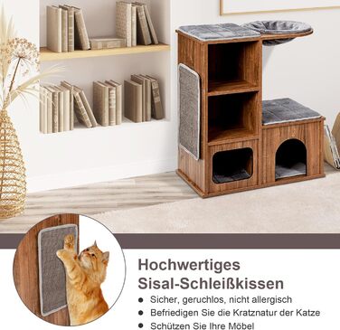 Котячий будиночок GYMAX з когтеточкою 81 см: дерев'яні меблі для котів з когтеточкою, лежаками, гамаком та 2 печерами, до 20 кг