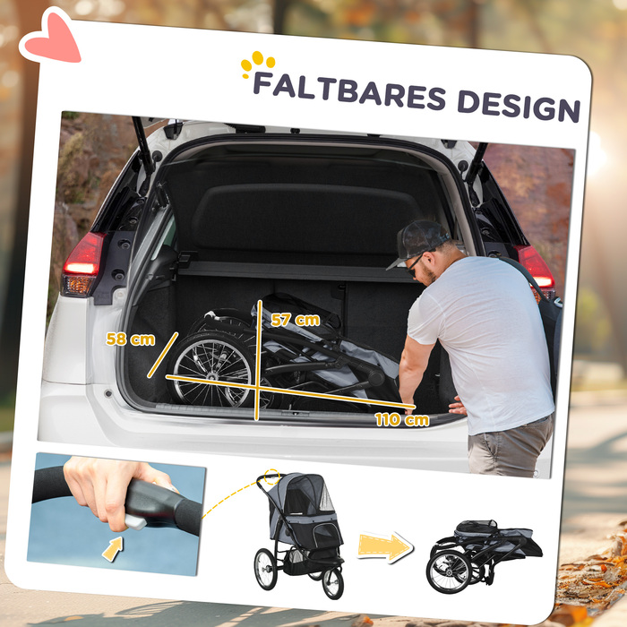 PawHut Dog Buggy Cat Buggy складний зі світловідбивачами, кошиком для зберігання, захистом від сонця та сітчастим вікном, Оксфорд сірий