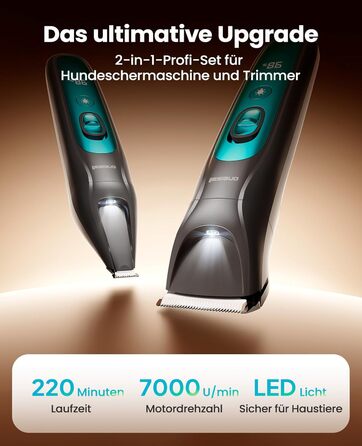 Машинка для стрижки собак та котів oneisall 2-в-1 з тримером для лап, LED-підсвічуванням, тиха робота, акумулятор 2000 mAh, професійний триммер для густого та кучерявого хутра, синій