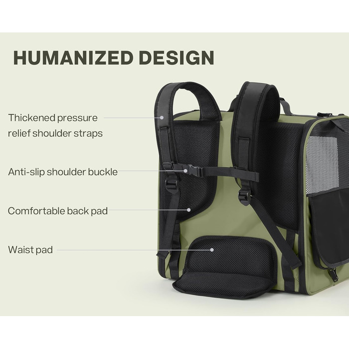 Рюкзак-переноска для котів та маленьких собак Pecute, темно-зелений. З вентиляцією, міцний, ергономічний, для подорожей, кемпінгу та походів.