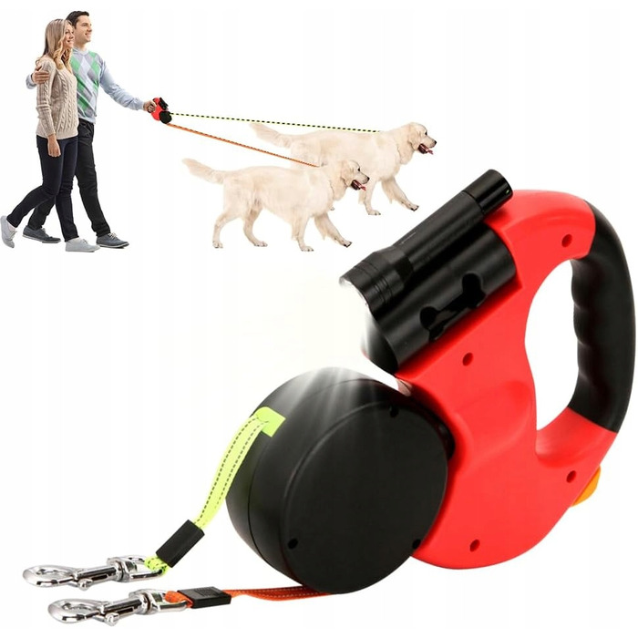 Подвійний автоматичний рулетки-повідець для собак 3м з ліхтариком, міцний ретрактор до 10 кг