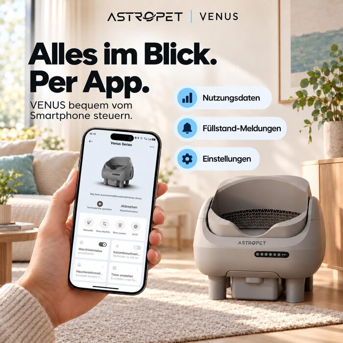 Автоматичний самоочисний лоток для котів AstroPet Venus з керуванням через додаток, відкритий тип, Single