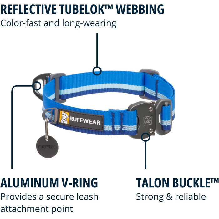 Нашийник для собак RUFFWEAR Top Rope, міцний нейлоновий, розмір M (36–51 см), колір Basaltgrau (Blue Pool), для прогулянок