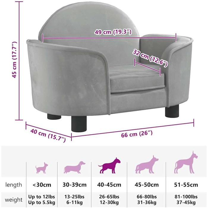 Крісло-ліжко для собак, м'яке ліжко для тварин, диван-софа для маленьких собак та котів, світло-сірий велюр