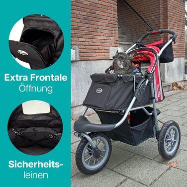 Візок для собак Innopet Comfort EFA Eco чорний/червоний – розкладний візок для собак та котів, підходить для лісу та пляжу, з великими колесами 30см, вантажопідйомність 25кг, з повідками