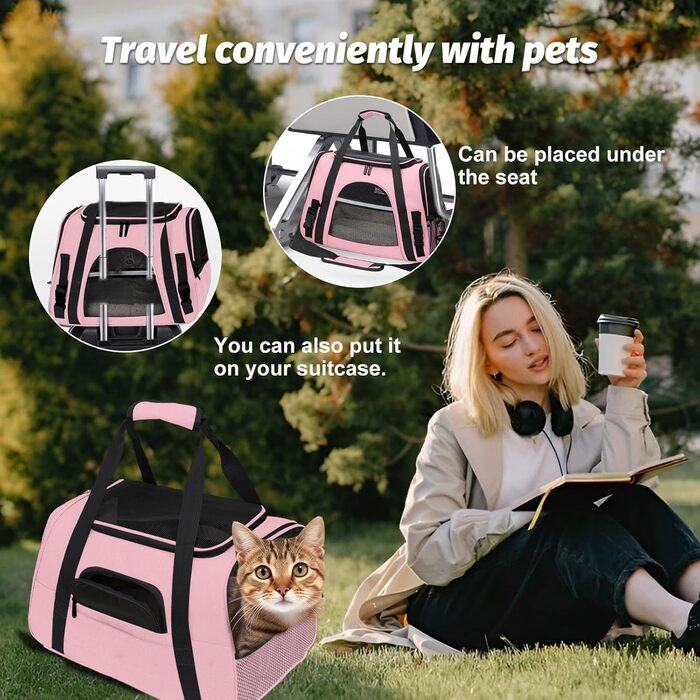 Транспортна сумка для тварин ZSMJAER з підстилкою з флісу, для котів та маленьких собак до 10 кг, рожева