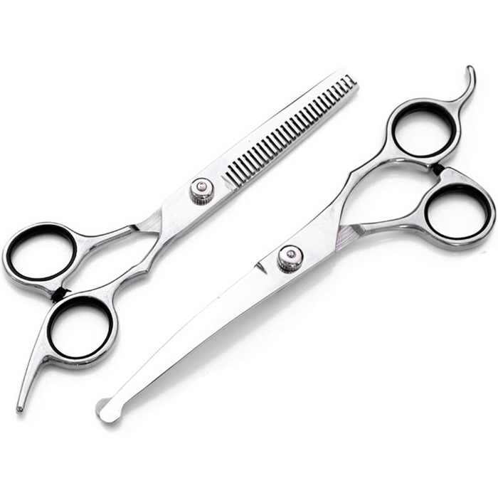 Набір професійних ножиць для грумінгу собак 9CR Edelstahl з безпечними закругленими кінцями. Комплект для догляду за шерстю собак, котів та інших тварин: ножиці для стрижки, розріджування та вирівнювання. Срібний колір.