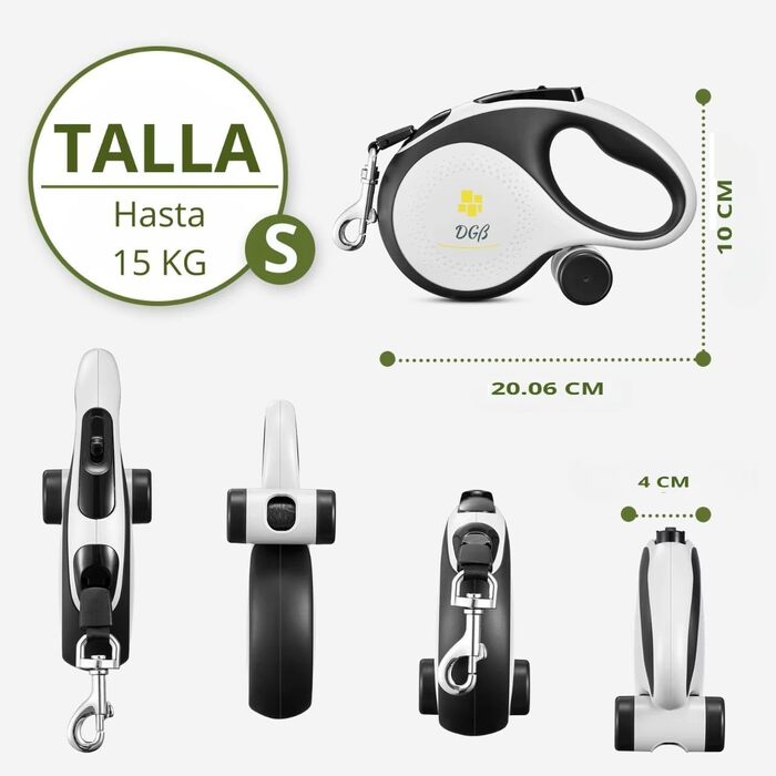 Висувна поводок для собак, 3 м, для малих, середніх та великих собак, ергономічна ручка, до 15 кг, білий, S