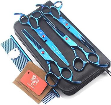 Набір для грумінгу тварин: 5 предметів. Тримерні ножиці для собак, котів та інших тварин. Набір містить: ножиці, витончувальні ножиці, вигнуті ножиці, гребінець для грумінгу, шкіряна сумка (блакитний)