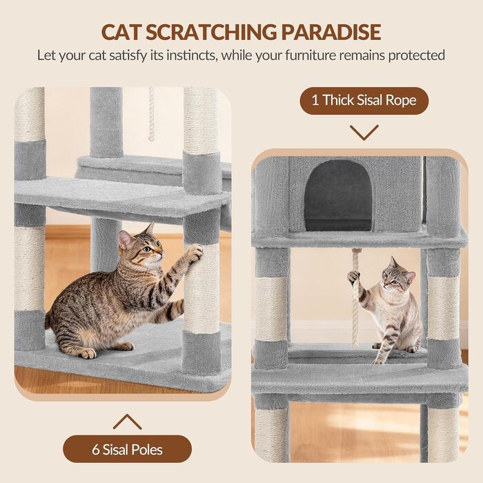 Котячий будиночок Kratzbaum Groß 216 см: великий, стабільний, з 2 печерами, 2 платформами, 2 кошиками та гамаком для дому. FPMS007FG1 (50x40x175 см, світло-сірий)