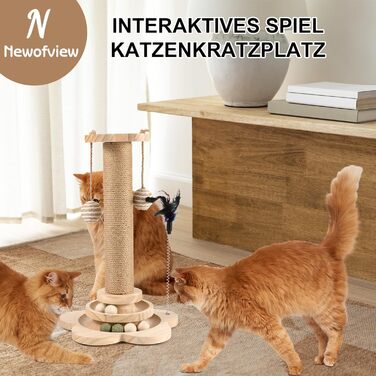 Котячий когтетоп Newofview: когтетоп-стійка 40 см з іграшками, м'ячиком, обертовим диском, пір'ям та мотузкою з сизалю