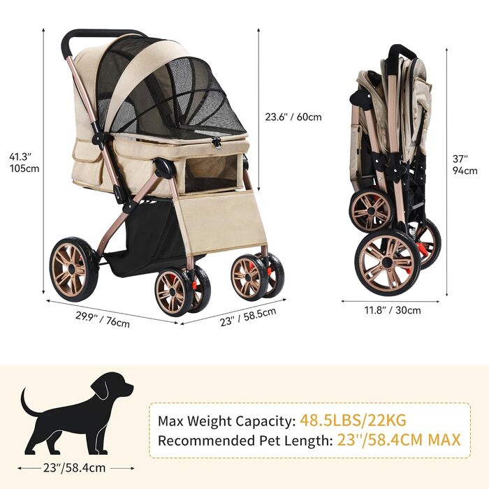 Візок для собак DWVO 3-в-1: візок, переноска, сумка. До 22 кг, EVA-колеса, сітчасті вікна, кошик для речей. Розміри: 58.5x76x105 см