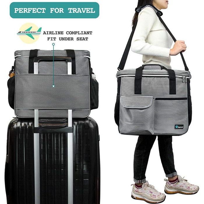 PetAmi переносна сумка для собак, відповідна вимогам авіакомпаній, органайзер з багатофункціональними кишенями, контейнер для їжі та складний миска, чорний, велика (L 37 x B 20 x H 30 cm), смужка, чорний