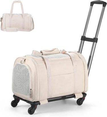 Сумка-переноска для тварин з екошкіри на колесах, для собак та котів до 6,8 кг, дозволена для перевезення в літаку, для подорожей, кемпінгу (Білий/Опудаловий сад)