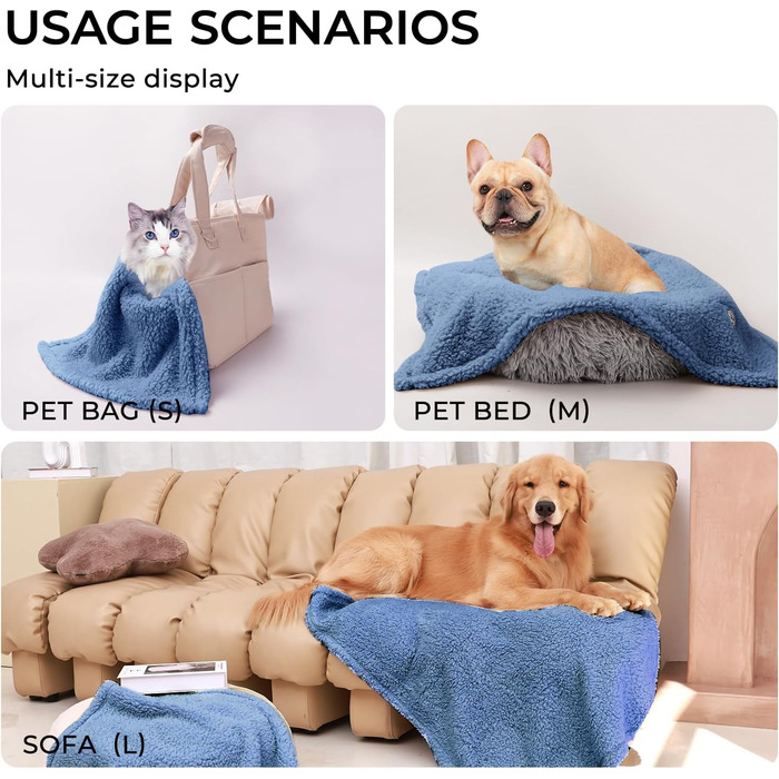 М'яка флісова ковдра для собак та котів, 3 шт. в упаковці, розмір S (45x75 см) та M (52x76 см), блакитний, бежевий, сірий