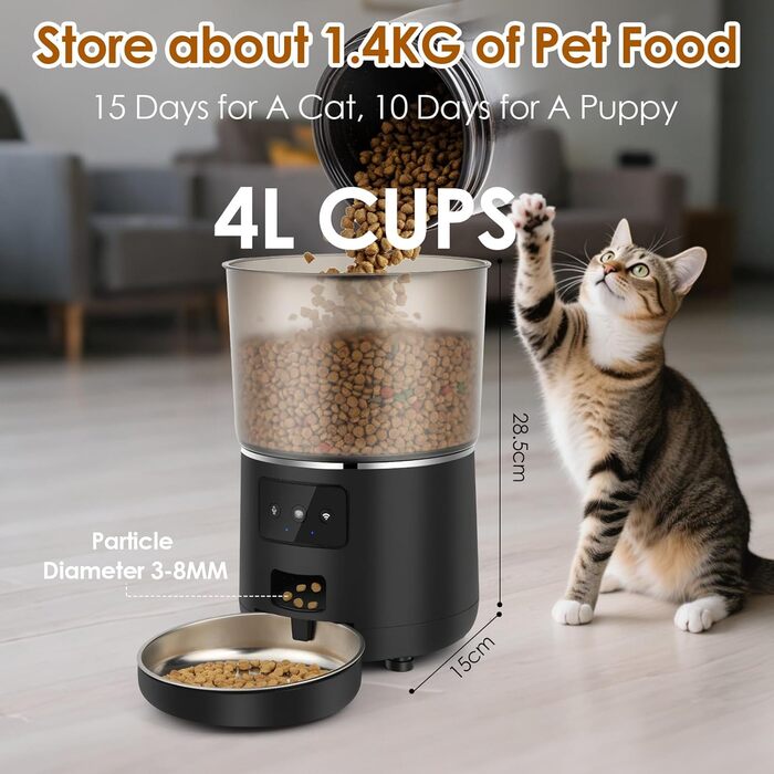 Автоматичний кормушка для котів з Wi-Fi, 4L, з нержавіючою чашею, програмування до 10 прийомів їжі на день, керування через додаток