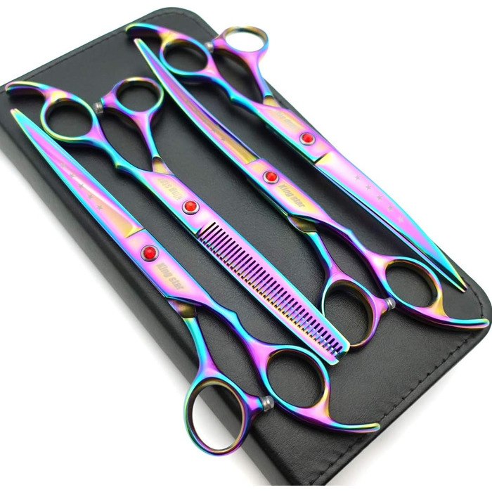 Професійний набір для стрижки тварин, 17.8 см, титан, різнокольоровий (радужний), прямий, поступово тоншаючий, вигнутий, 4-частинний набір для догляду за собаками (радужний)