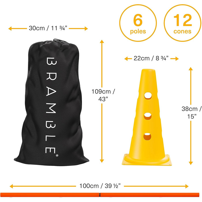 Набір для координації Bramble 18 шт. з сумкою - конуси та штанги для футболу, спорту, тренувань (діти, дорослі, собаки)