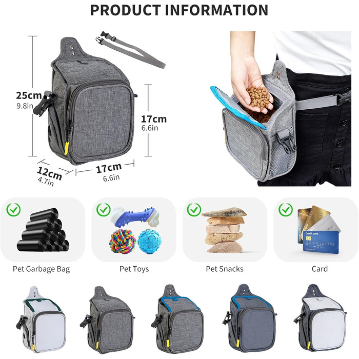 PETCUTE Сумка для тренування собак, міцна сумка для ласощів, сумка для перекусів з диспенсером для відходів, сумка для ласощів з регульованим плечовим ременем, поясний ремінь та кліпса (світло-сіра)