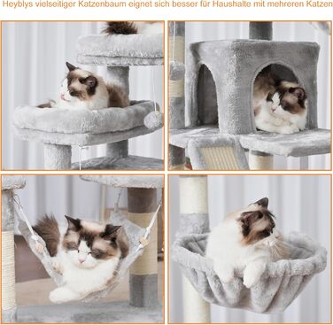 Кігтеточка-будинок для котів Heybly HCT034G, 180 см, сірий, з 2 платформами, 2 будиночками, гамаком, корзиною та когтеточкою