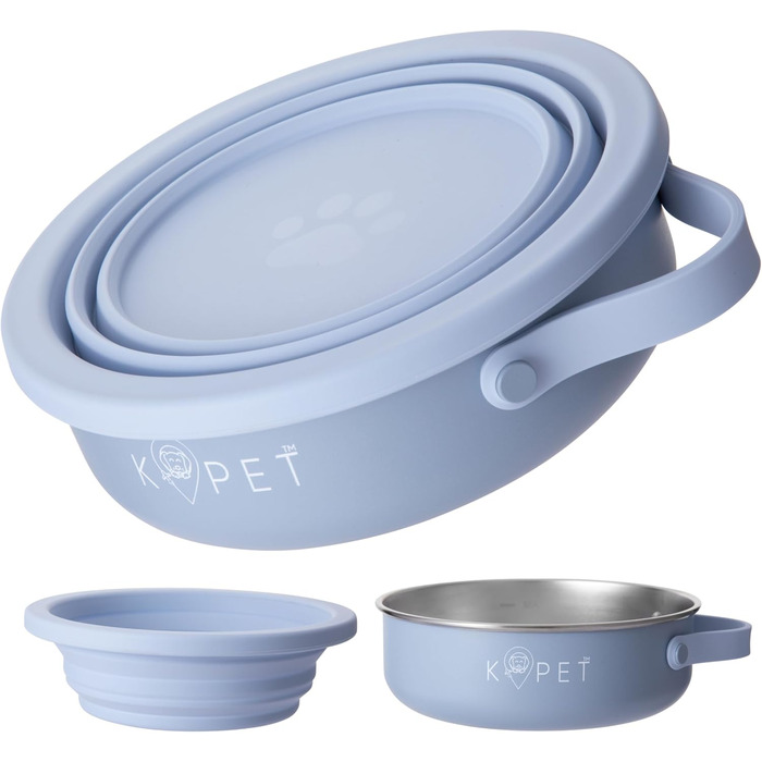 KPET® 2-в-1 складана годівниця для собак, 900 мл: миска для їжі та води, нержавіюча сталь, силікон, антиковзаюча, для подорожей