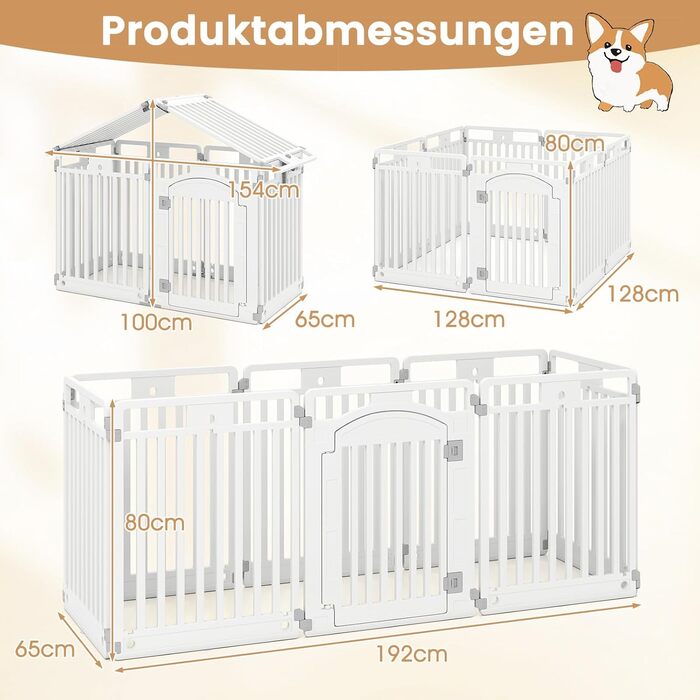 Лягувачка для цуценят COSTWAY, 8 панелей, розкладна, з дверцятами та фіксаторами, 80 см, для собак, пластикова, біла