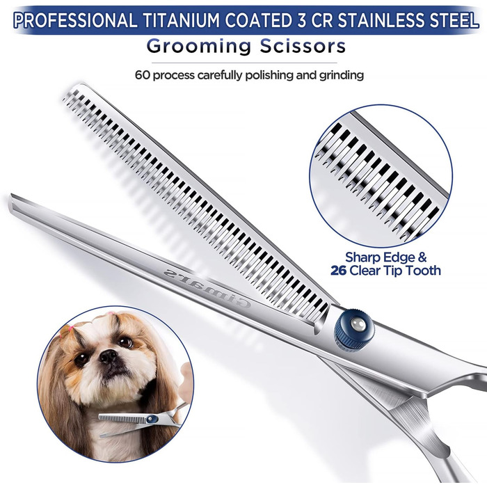 Набір для грумінгу собак та котів Gimars 3 в 1: професійні ножиці з титановим покриттям, безпечні наконечники, прямі, вигнуті та тонкі ножиці, гребінець