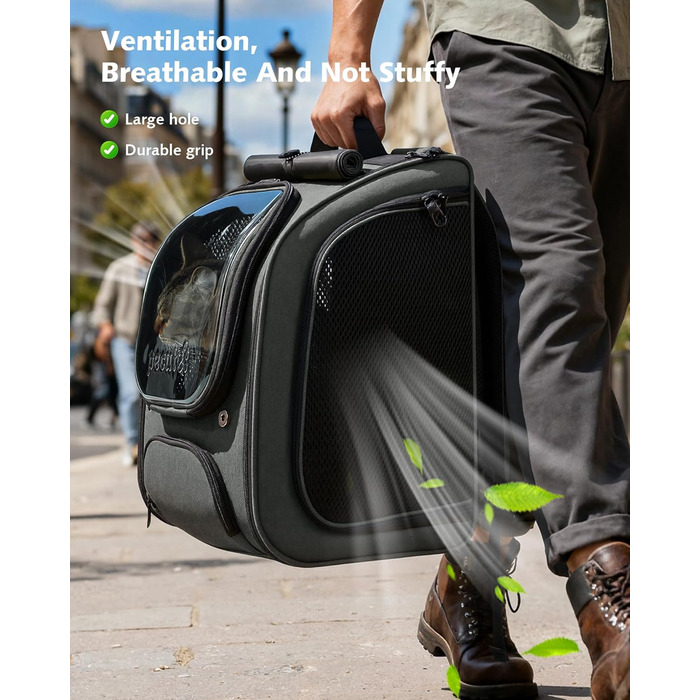 Pecute Рюкзак-переноска для кота з віконцем-сіткою, дихаючий та легкий рюкзак для тварин, великий (32 x 26 x 42 см, сірий, розширюваний)