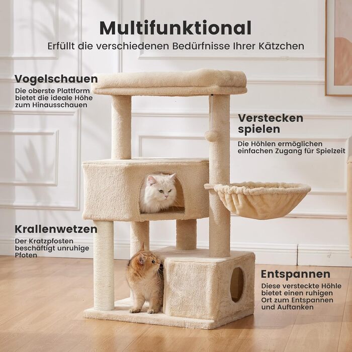 Кігтеточка-кімнатна для котів Gardner Pet Katzenbaum, 105 см, з платформою, 2 печерами, кошиком, бежева