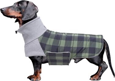 Зимовий теплий нашийник для собак Dachshund (Такса) від Geyecete, водонепроникний, з отвором для повідка, теплий пуловер для маленьких собак, червоно-зелений в клітинку (XS)